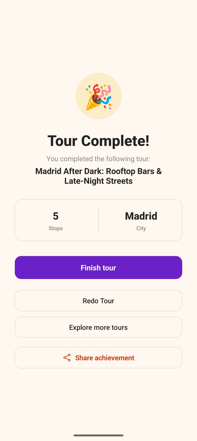 DescubR tour complete screen for a five-stop Madrid nightlife tour