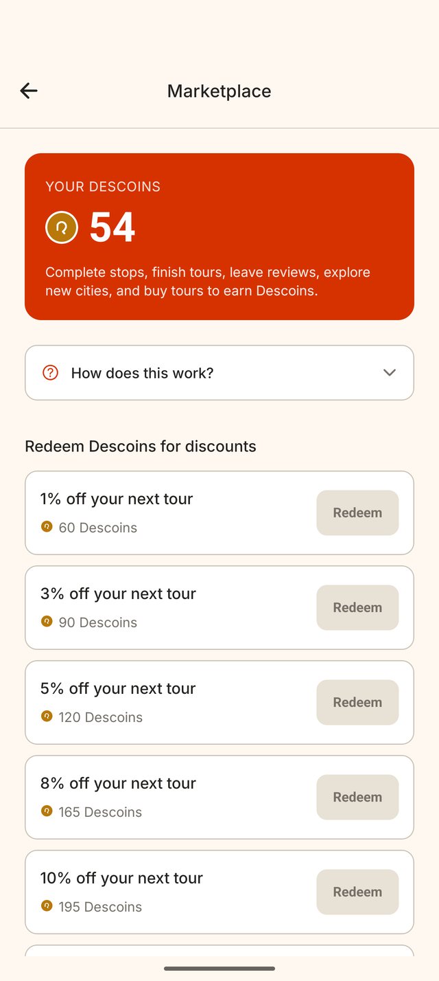 DescubR Marketplace showing a Descoin balance and discounts to redeem on the next tour