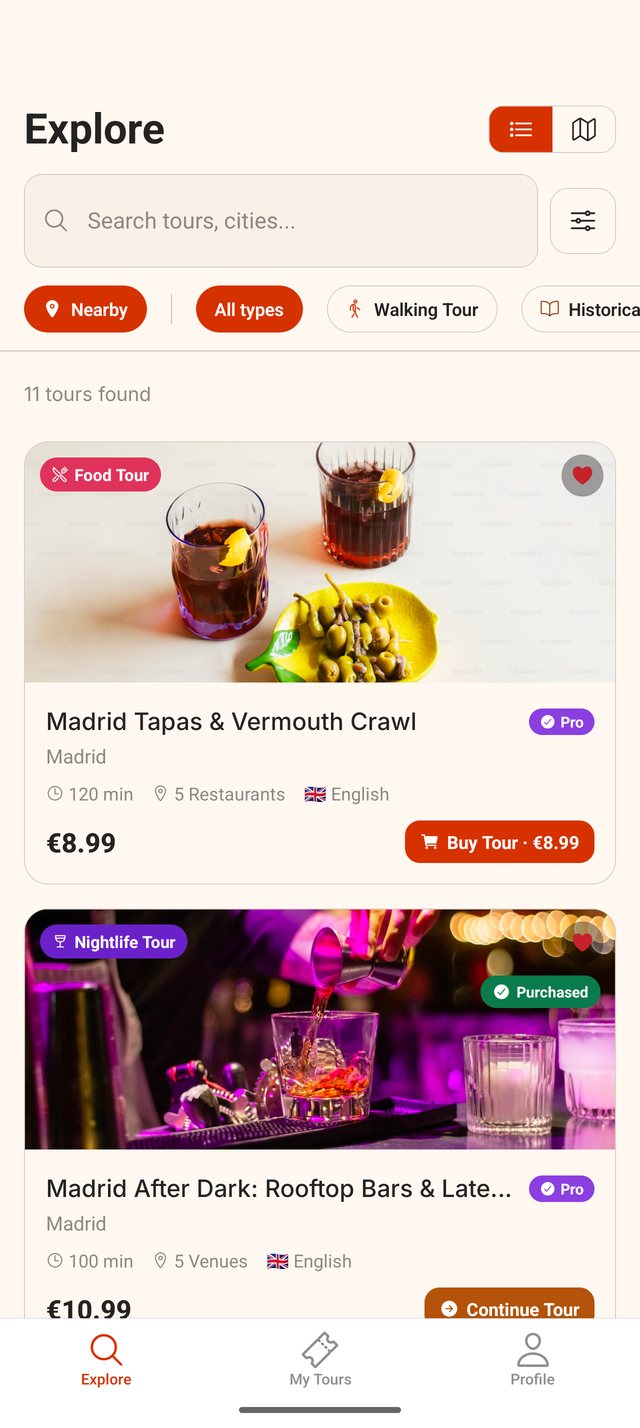 DescubR app Explore screen listing self-guided tours in Madrid, including a tapas and vermouth crawl and a nightlife route