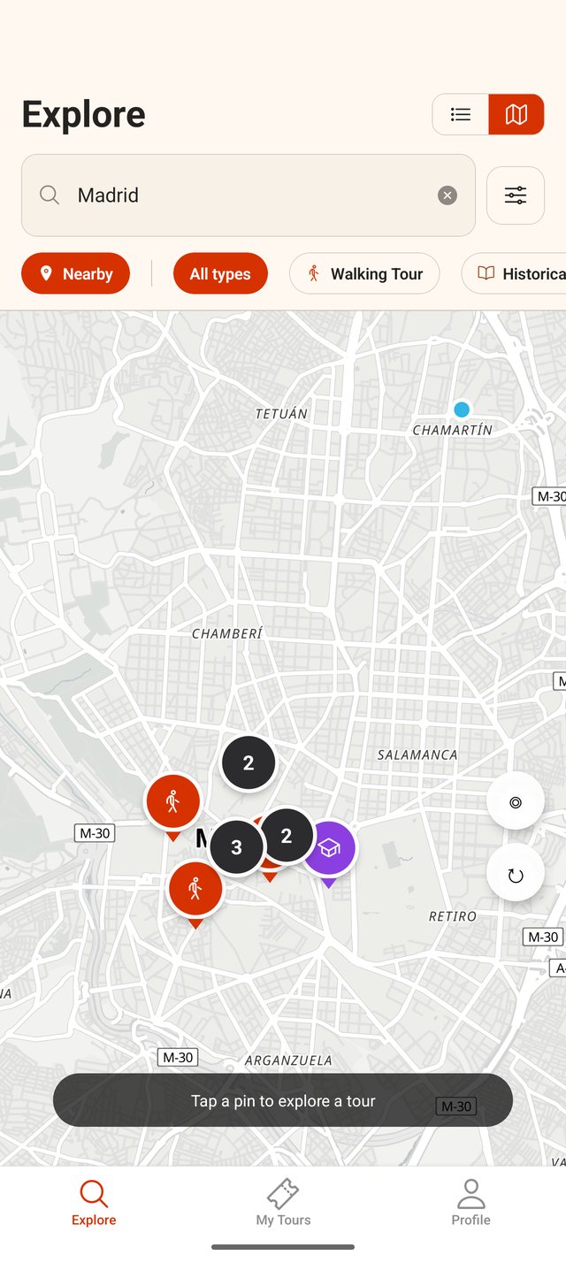 DescubR map of central Madrid with pins for nearby self-guided tours