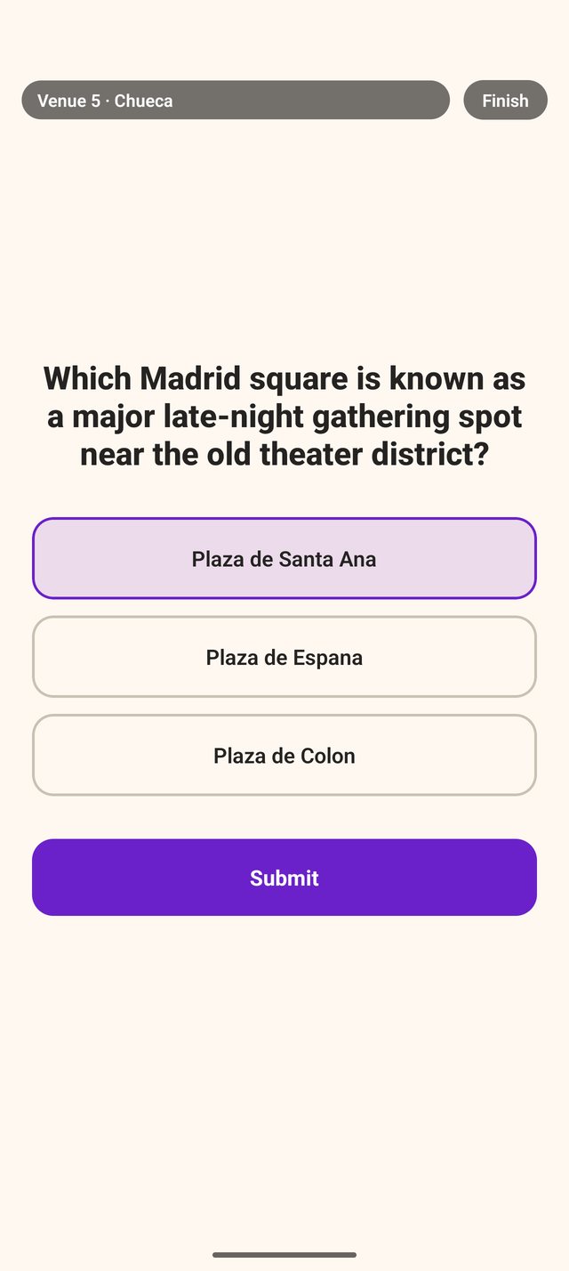 DescubR quiz at the Chueca stop asking which Madrid square is a late-night gathering spot