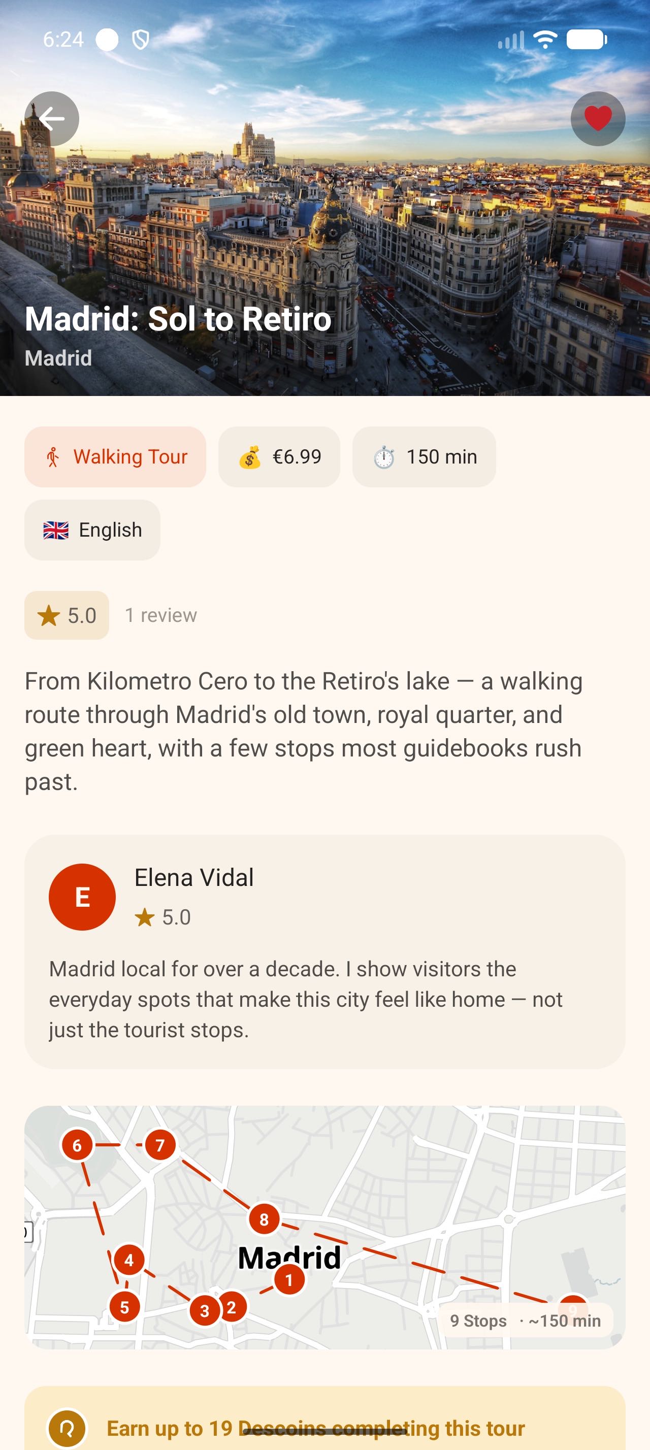 DescubR tour detail screen showing the route overview and guide profile