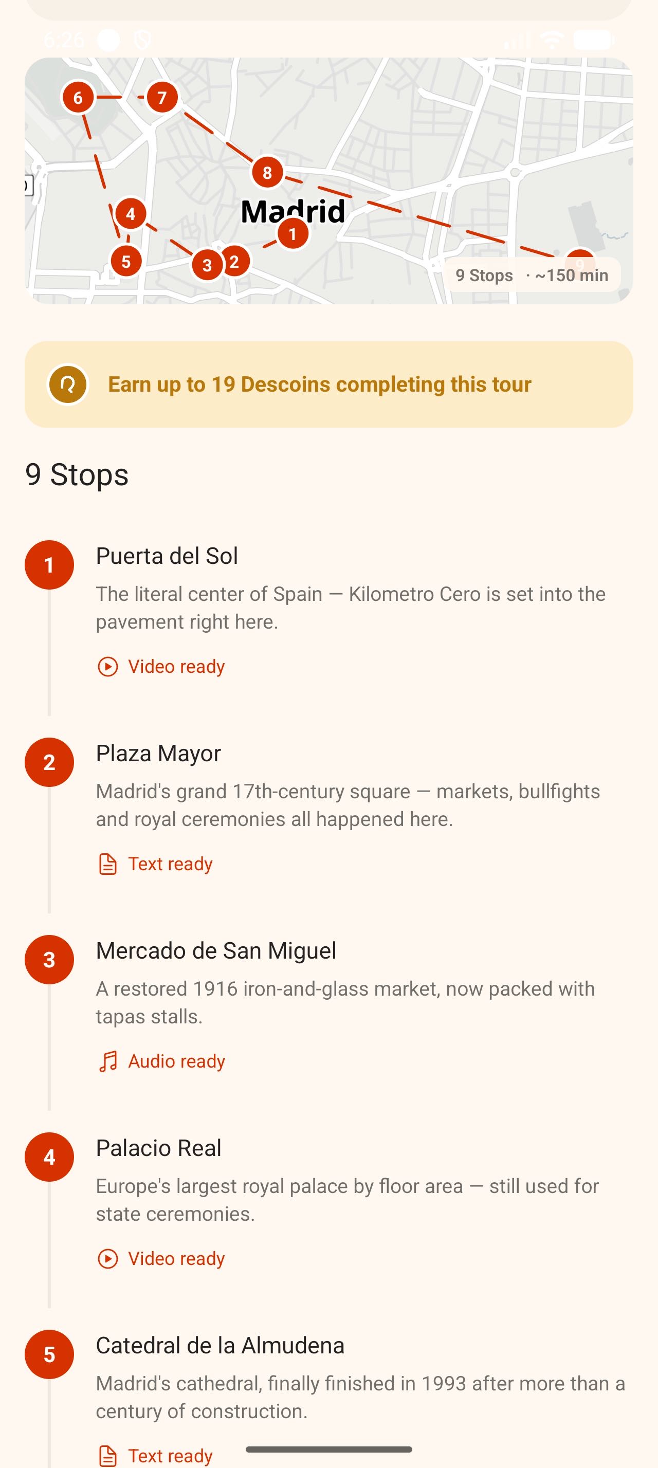 DescubR tour stop list showing video, text and other content types ready at each stop