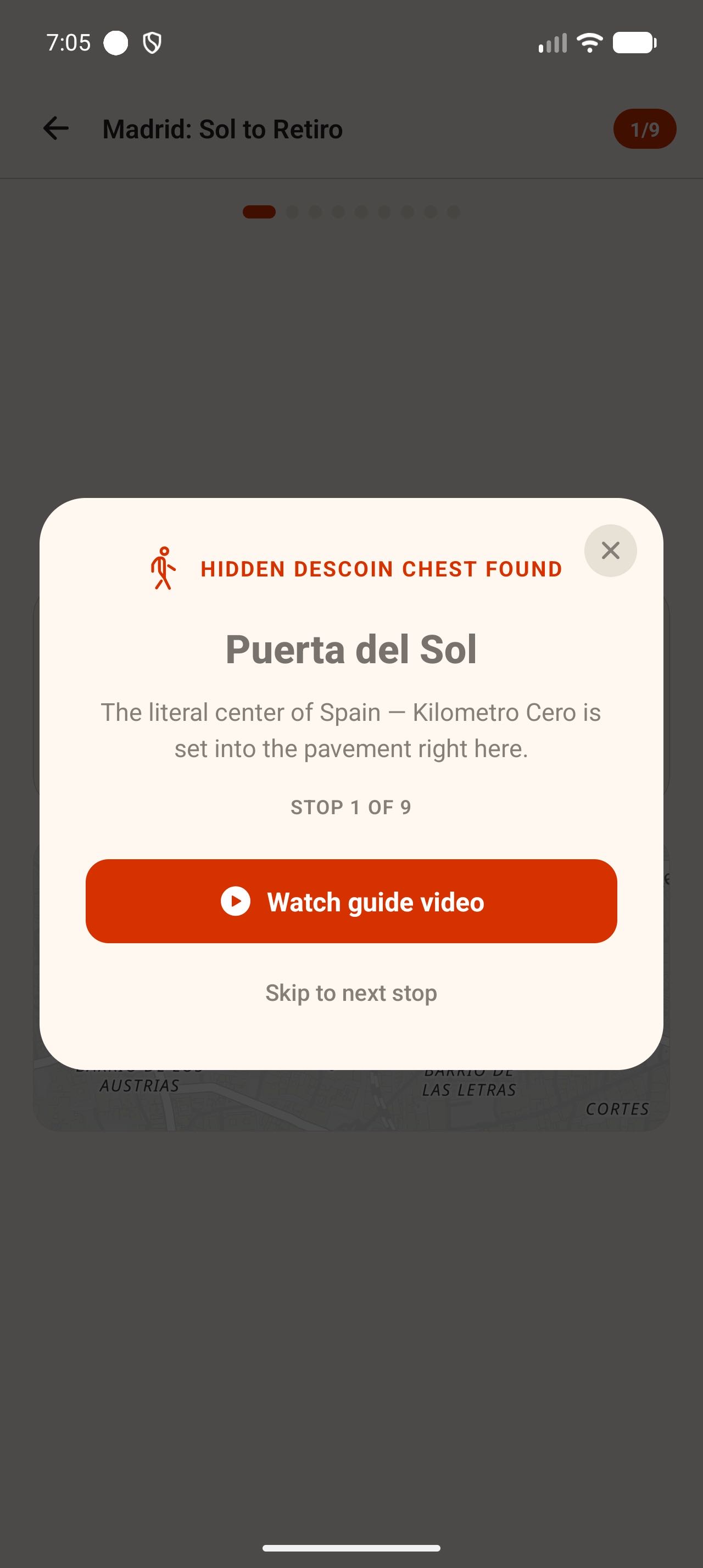DescubR screen revealing a stop's hidden Descoin chest with its unlocked video content